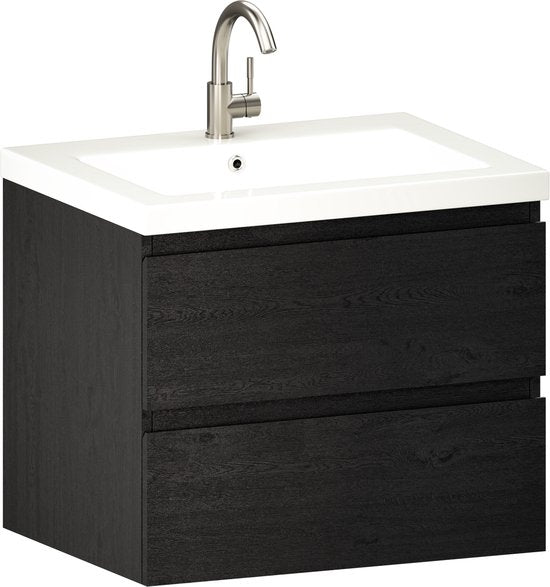 Mirlux Badezimmermöbel Schwarzeiche 60 cm – Waschbecken Weiß – Badezimmermöbel-Set – Waschtischunterschrank Schwarzeiche