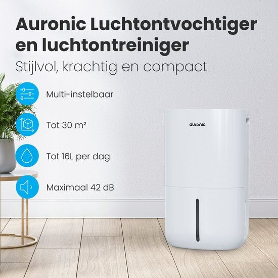 Auronic - Luftentfeuchter - 16 l Fassungsvermögen - Digitaler Luftfeuchtigkeitsmesser - Mit Nachtmodus & Timer - 2 l Wassertank - Kunststoff - Weiß