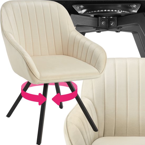 tectake - Esszimmer-Drehstuhl mit Armlehnen - Ergonomischer Schalensessel mit Samtbezug - Gepolstert - Drehstuhl für Wohnzimmer, Esstisch, Arbeitszimmer, Frisiertisch und Küche - Creme
