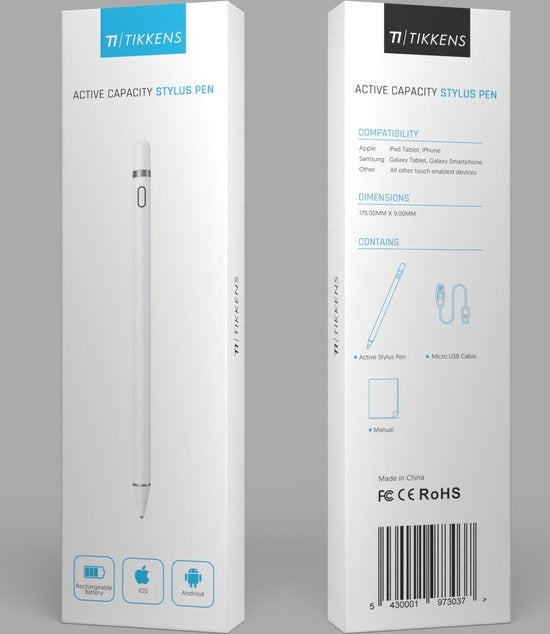 Tikkens Stylus Pen 2 in 1 Active Pencil - Für Tablet, Ipad, Android und Apple Phones - Weiß