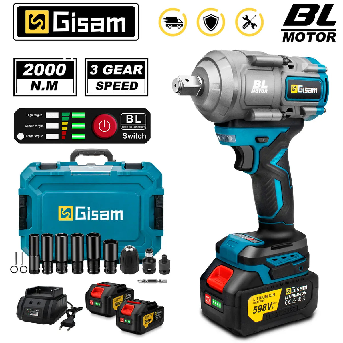 Gisam 2000 Nm elektrischer Schlagschrauber, bürstenlos – Leistungsstarker Schlagschrauber – 2000 Nm