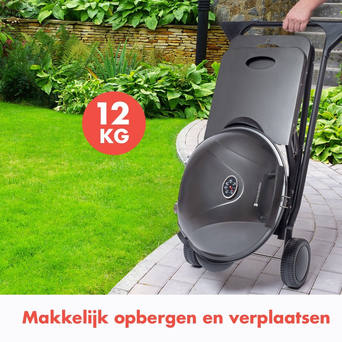 KitchenBrothers Elektrogrill - mit Rädern - klappbar - Antihaftbeschichtung - 46,5 x 33,8cm - bis zu 250Â°C - 2400W - Schwarz