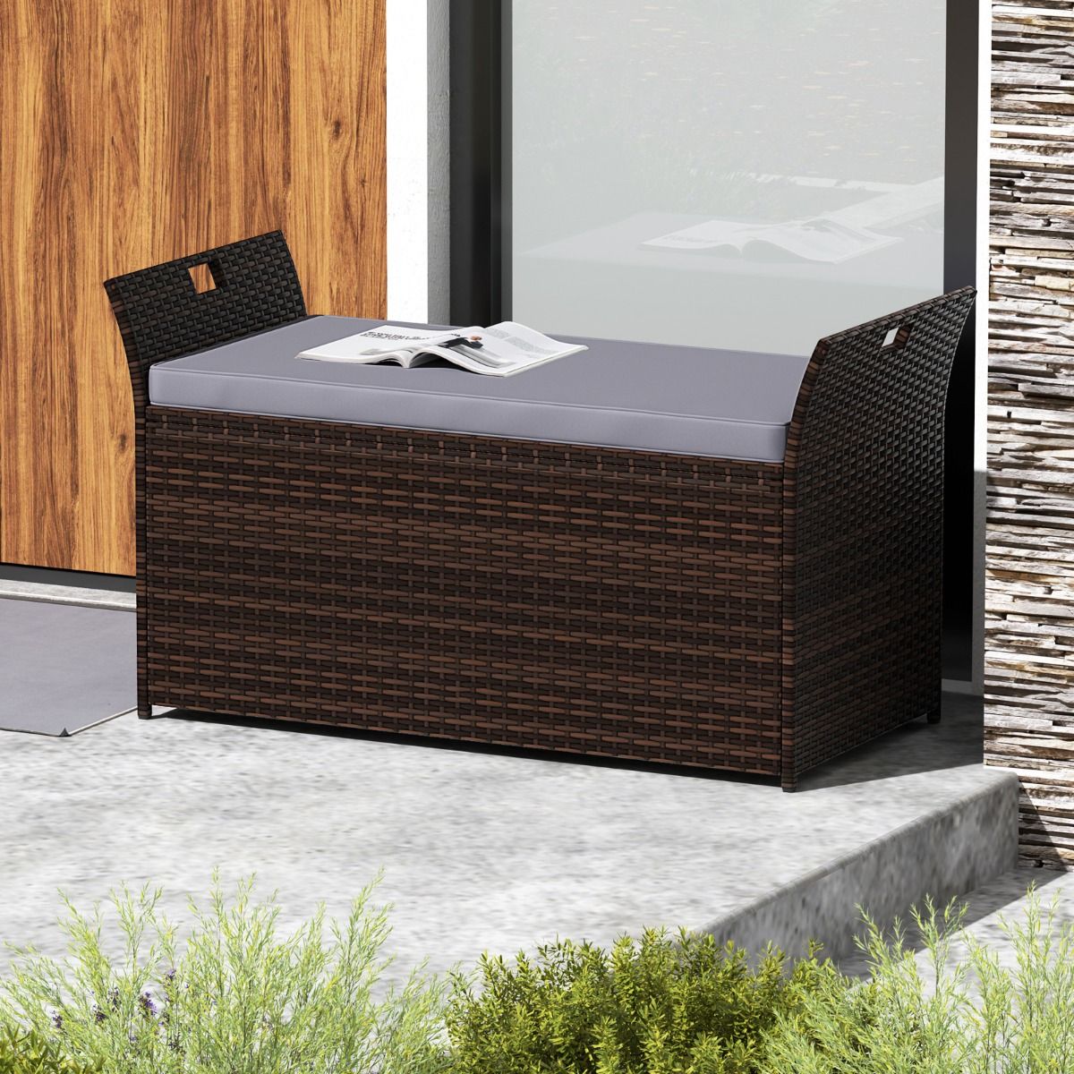 Coast PE Rattan Aufbewahrungsbox 125x56x71 cm - Rustikales Braun/Grau - 260L Aufbewahrungsbank für Innen & Außen mit Kissen