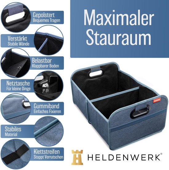 HELDENWERK Faltbare Kofferraumtasche mit rutschfestem Klettverschluss - Kofferraum-Organizer, Auto-Faltbox, Einkaufstasche - verstärkt und stabil