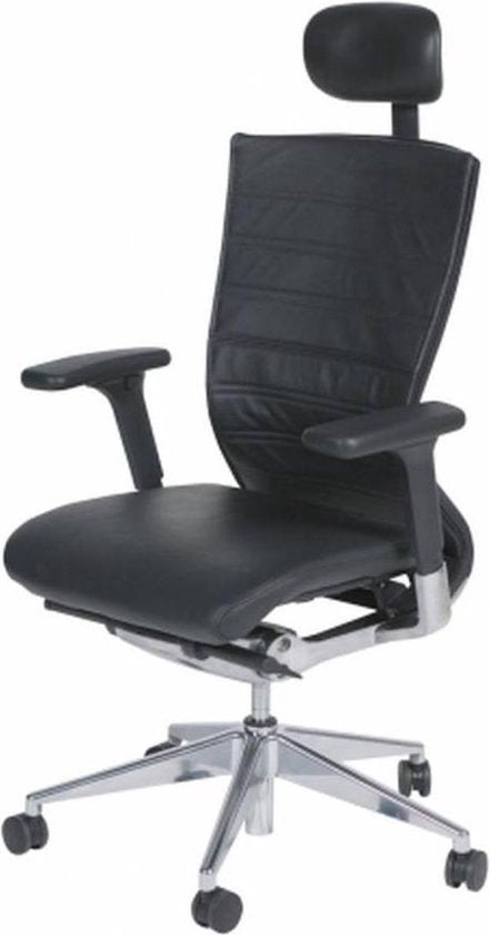 Bürostuhl – 105, verchromtes Gestell, Sitzfläche und Rückenlehne aus Leder, schwarz/schwarz, Kopfstütze