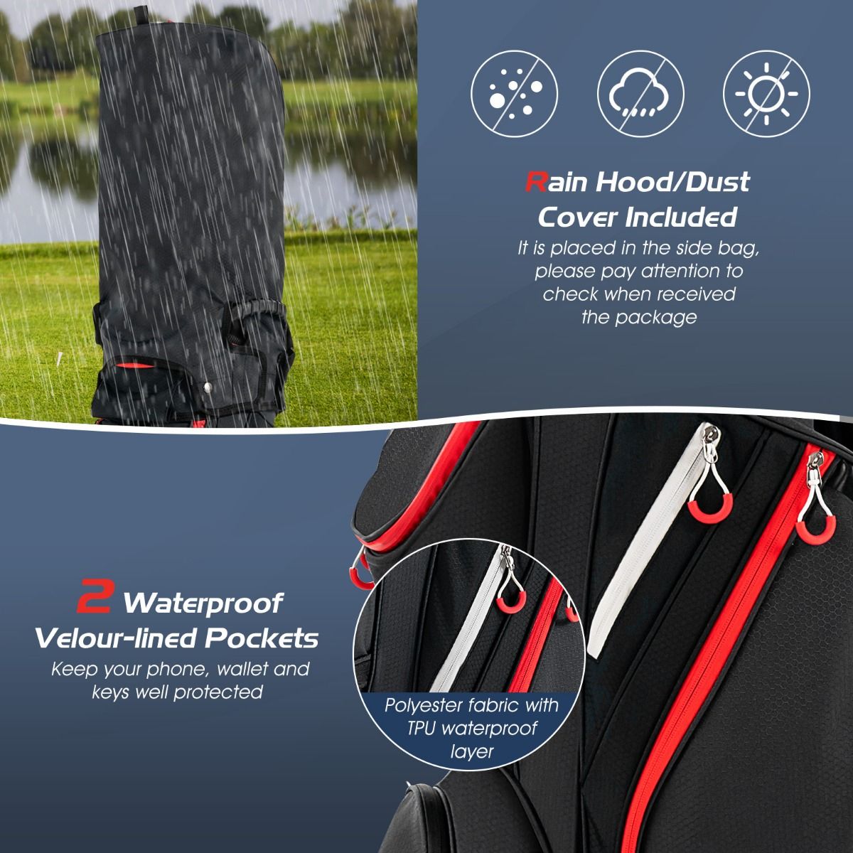 Coast-Golftasche mit Regenschutz – 14 Fächer – leicht – rot und schwarz