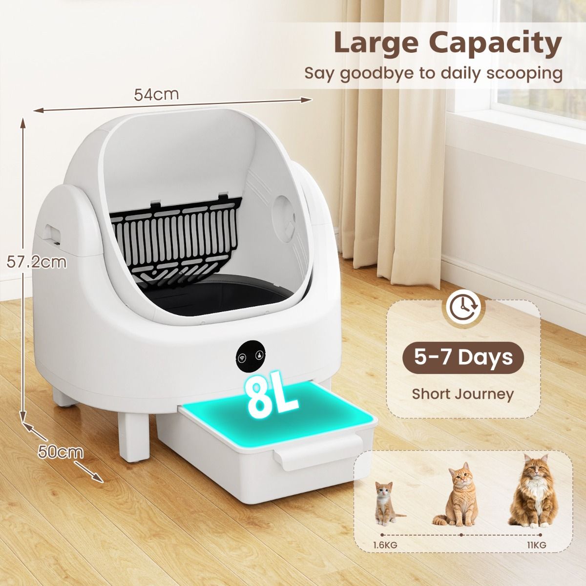 Coast Automatische, selbstreinigende Katzentoilette – App-Steuerung – Sicherheitssensoren – Weiß