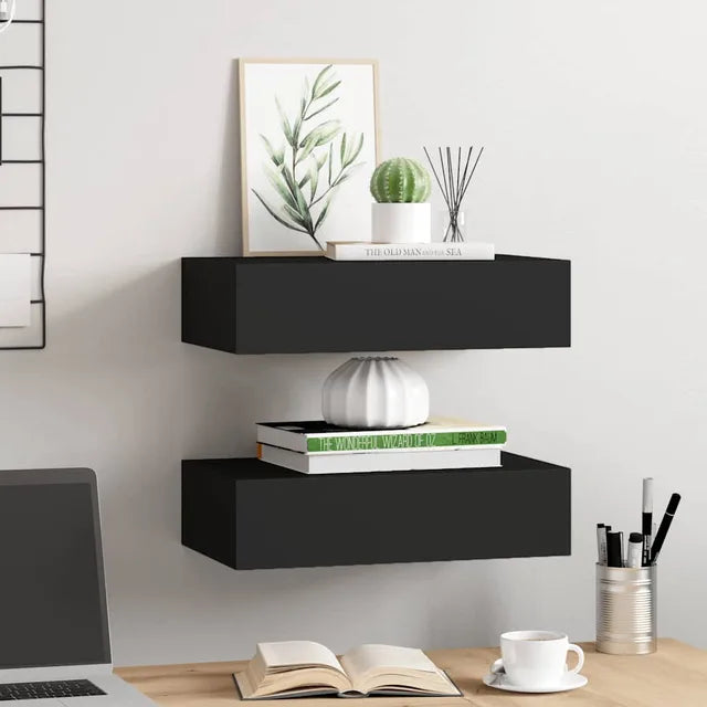 vidaXL Wandregale mit Schublade, 2er-Set – 40 x 23,5 x 10 cm – MDF und Metall – Schwarz