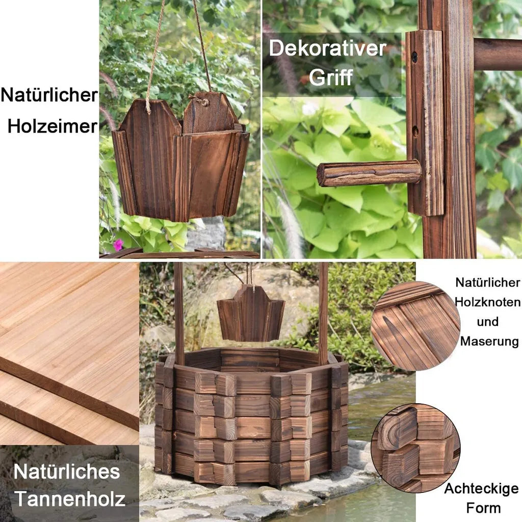 Coast Gartenbrunnen - Mit Holzbrunnen, Eimer und Blumentopf mit Dach - Rustikales Design - 43 x 39 x 72 cm - Braun