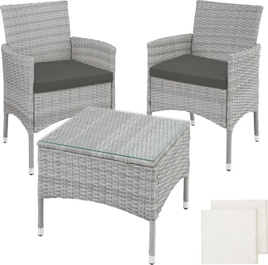 tectake - Geflechtmöbel-Gartenset mit abnehmbaren Bezügen, 2 Stühle und Tisch mit Glasplatte, 2x Outdoor-Loungesessel mit Armlehnen und Gartentisch, Gartenmöbel-Set, Balkonmöbel - hellgrau - Poly-Rattan