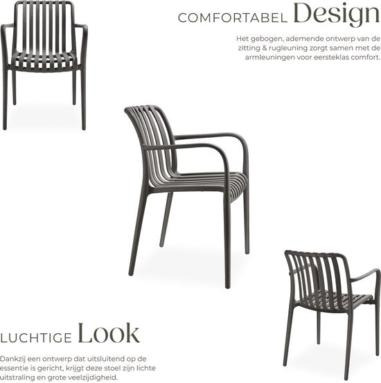 tectake® 2er Set Gartenstühle Alcudia - Anthrazit - Kunststoffstühle mit Armlehne - Gartenset für rund um den Gartentisch oder beim Camping Stapelbar - Stühle für Garten, Terrasse oder Balkon - Wetterfest und UV-beständig - Belastbarkeit 120kg pro Gartens