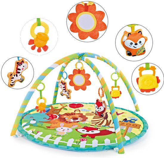 FUEGOBIRD – Baby-Spielmatte – Colorful Zoo – Deluxe-Spielmatte – Spielzeug zum Erkunden von Farben und zum Greifen – Schöne Klänge – Förderendes Spiel für Babys ab 2 Monaten – Rund