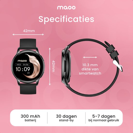Maoo Ventura AMOLED Smartwatch Damen - Edelstahl und 3x Silikonband - Schrittzähler - Herzfrequenzmesser - Schlafüberwachung - Multisport - Geeignet für Android und iOS - Schwarz