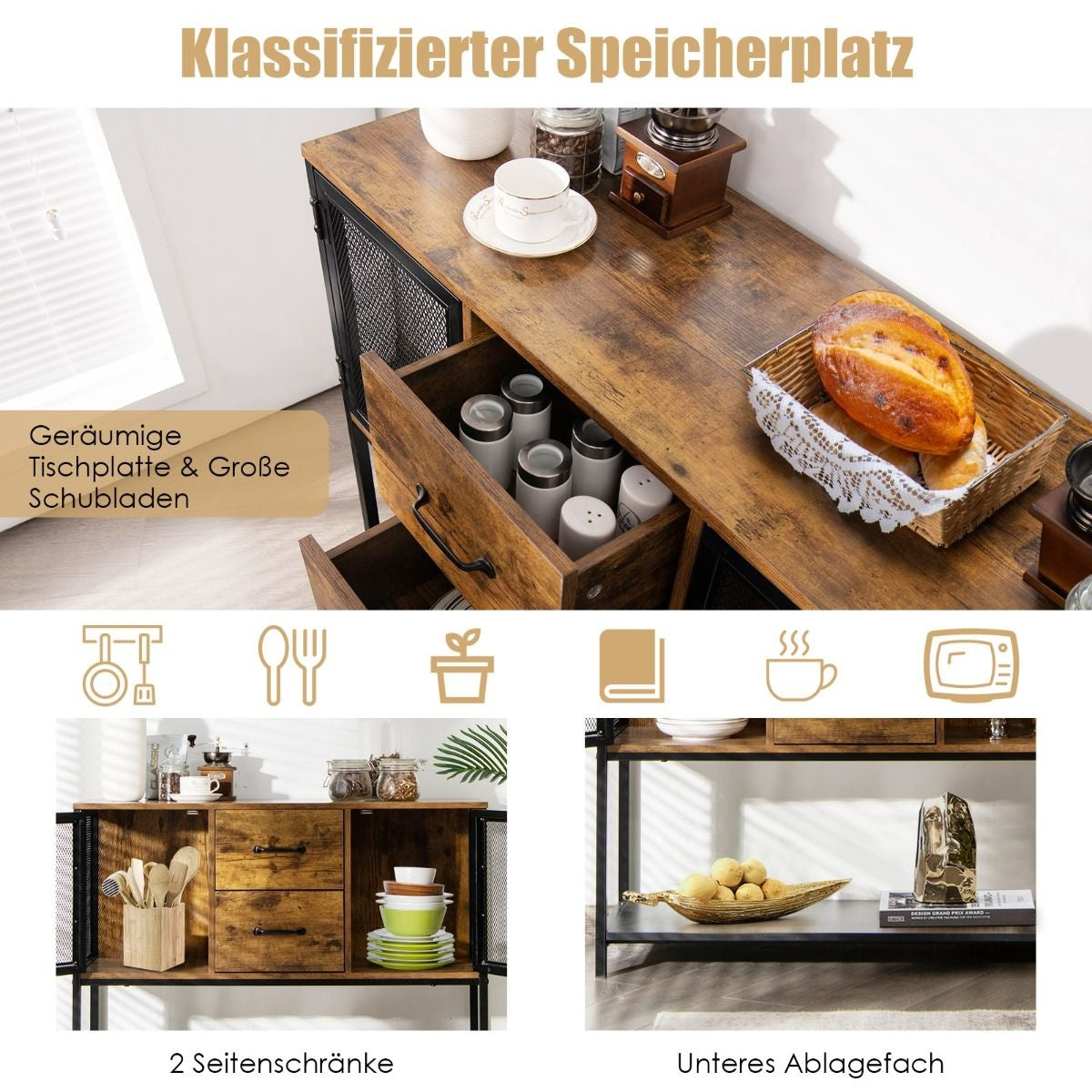 Coast Industrial multifunktionales Sideboard mit 2 Gitterschränken und 2 Schubladen 100 x 35 x 85 cm