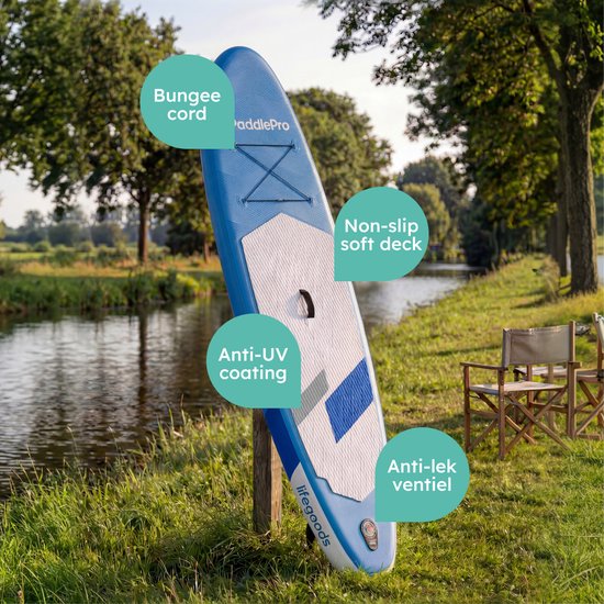 LifeGoods SUP Board All-round Compact - mit Sitz - 100 KG Tragfähigkeit - 300 x 76 cm - Aufblasbar - Komplettes SUP Paket - Blau