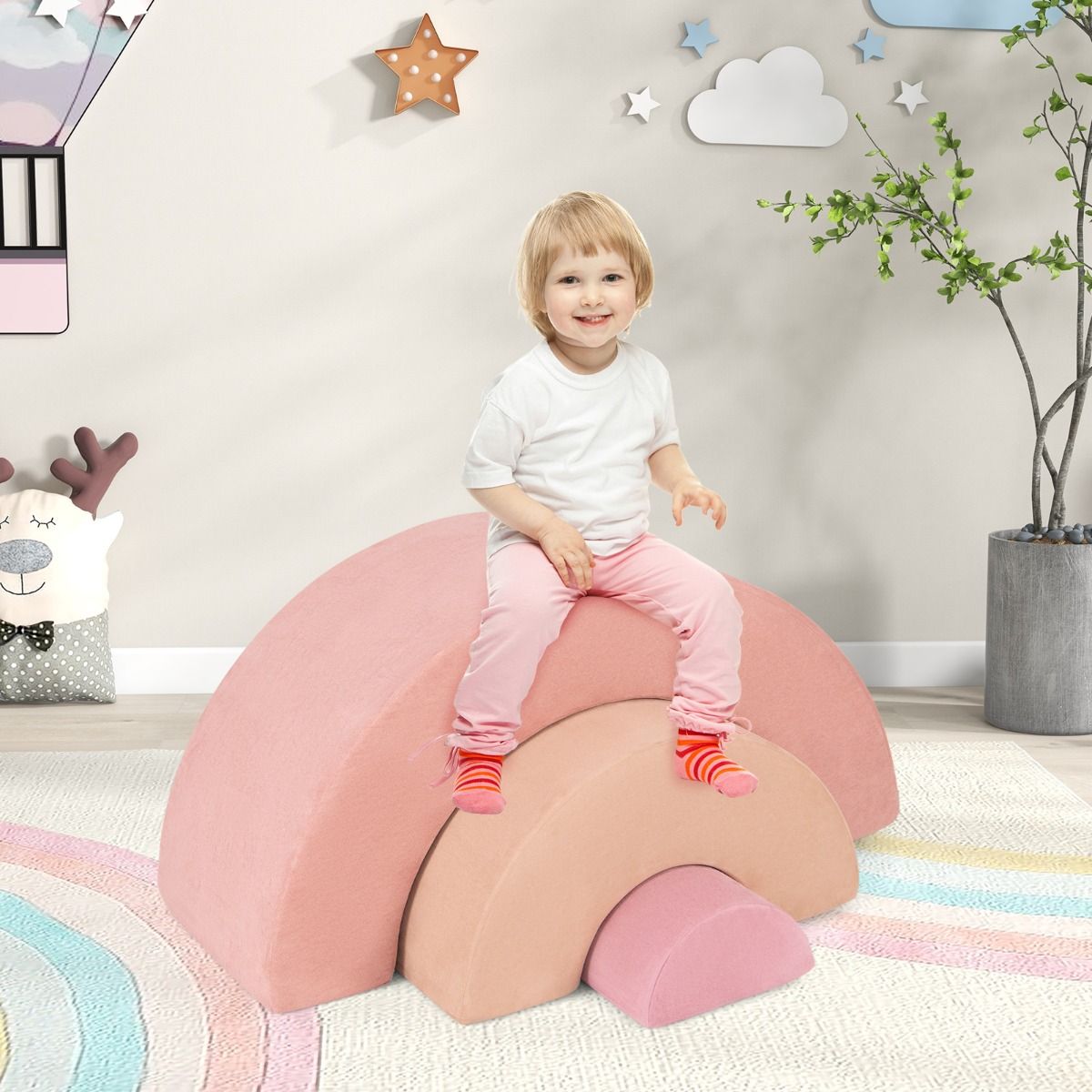 Coast 3-teiliges Kletter-Set aus Schaumstoffblöcken für Kleinkinder – abnehmbarer Bezug – Bogen und Krabbeltunnel – rosa