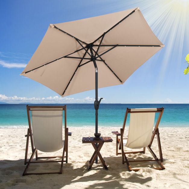 Robuster Terrassen-Sonnenschirm mit LED-Beleuchtung 230 cm - Braun - Kippbar mit Manivelle und Ventilation