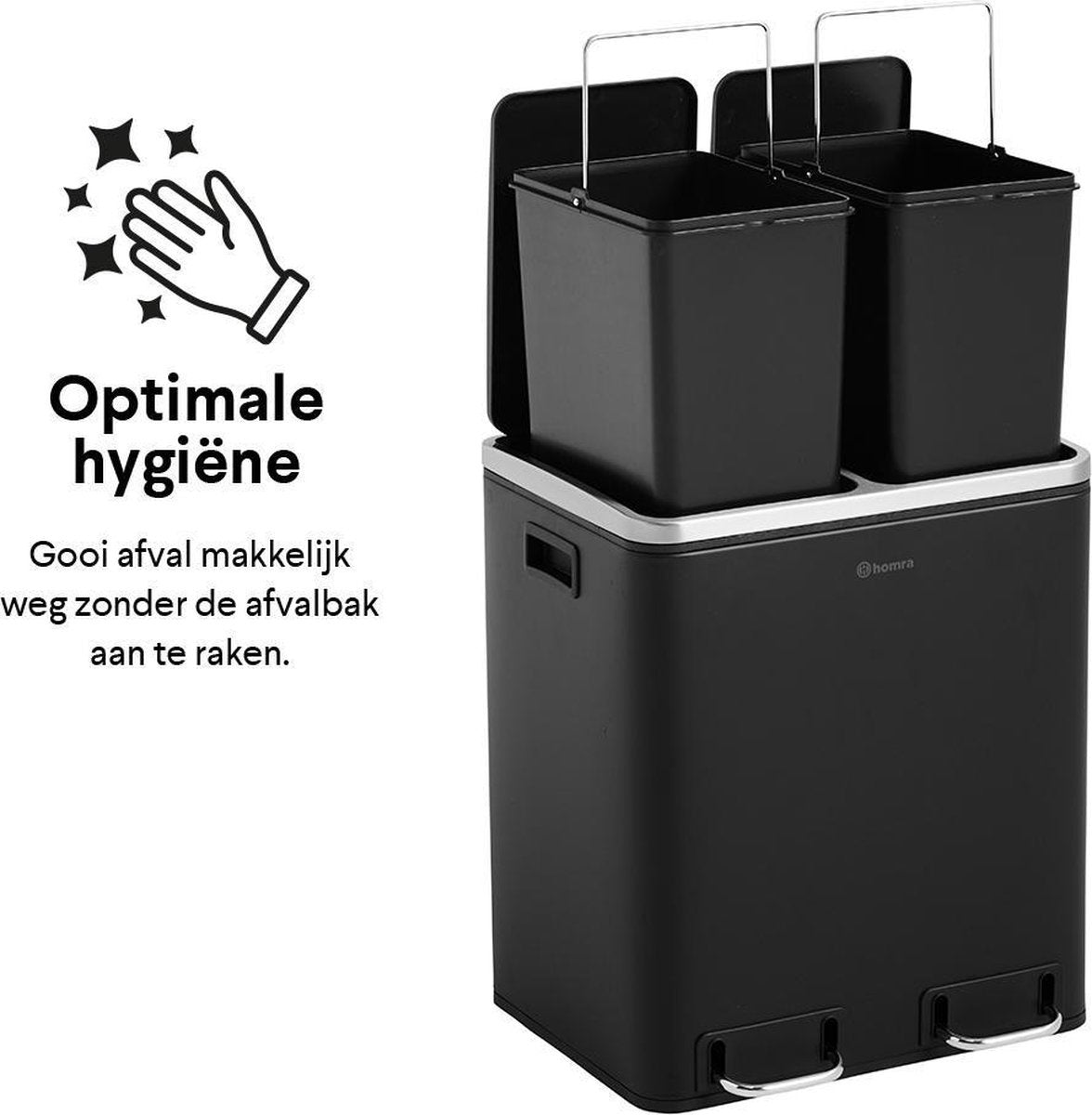 Homra BLINQ Afvalscheiding prullenbak met 2 vakken - 2 x 15 L inhoud - Duo pedaalemmer Zwart - Afvalemmer 30 Liter - Recycle Afvalbak - Zwarte Afvalscheidingsprullenbak - HygiÃƒÂ«nisch Afval Scheiden - Keuken Vuilbak - Kantoor