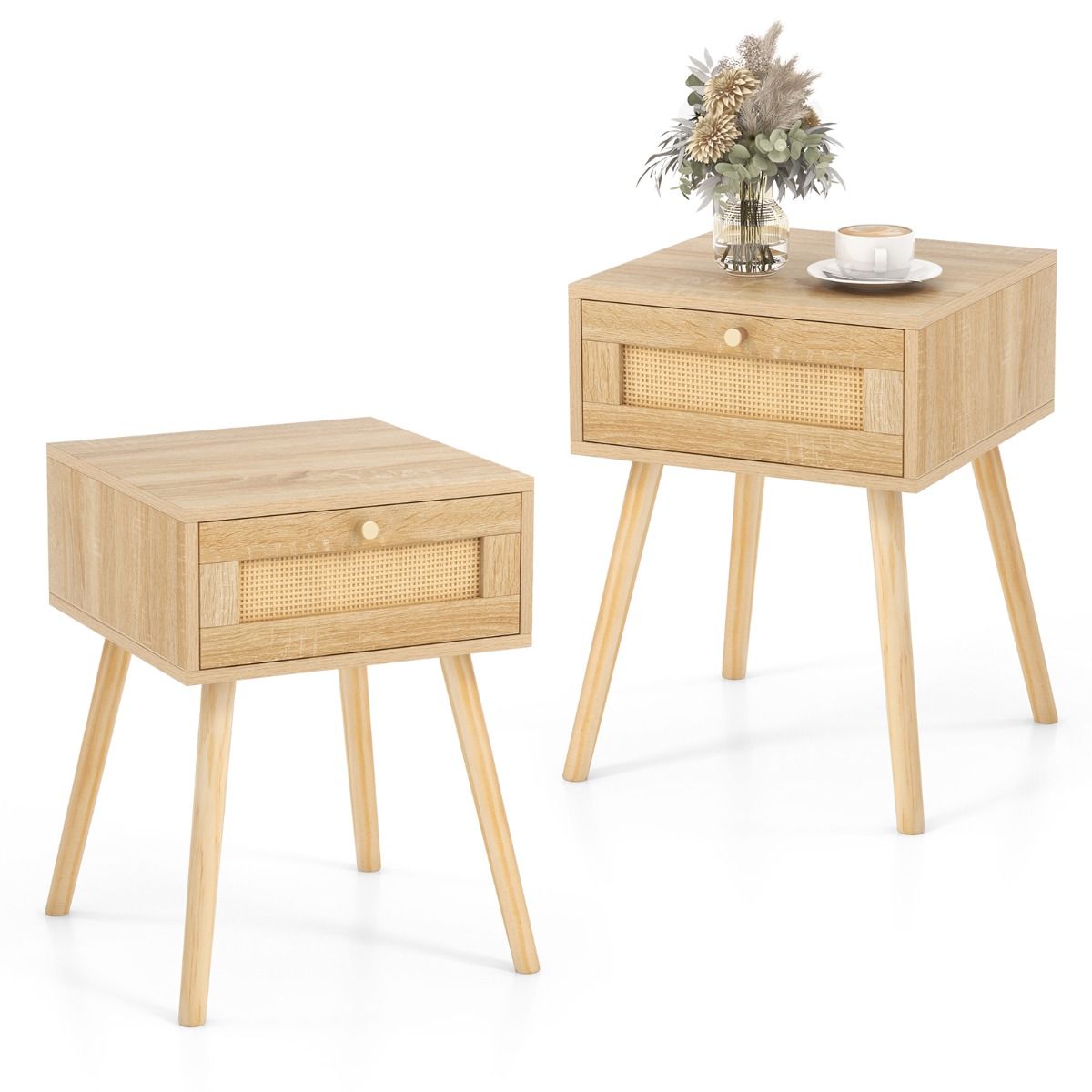 Coast 2er-Set Rattan-Nachttische – mit Schublade – Beine aus Massivholz – Eiche natur – 40 x 40 x 55 cm