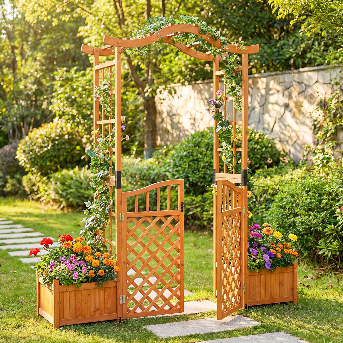 Coast Rosenbogen mit Pflanzkästen – Gartenbogen mit Klettergerüst und abschließbarem Tor – gelb – 185 x 18 x 210 cm