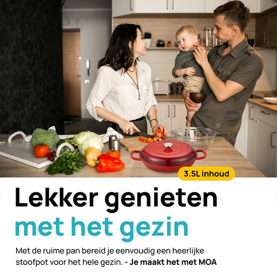 MOA Gusseisenpfanne - Induktionspfanne - Gusseisenpfanne - 3,5 l Fassungsvermögen - Ø 30 cm - Alle Wärmequellen - Gewicht 5,6 kg - Emaille - Kirschrot