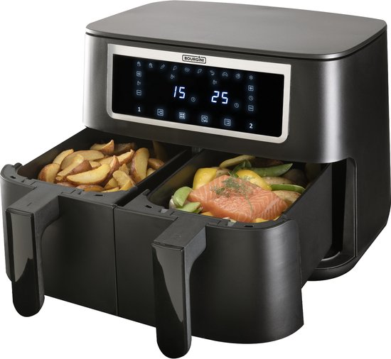 Bourgini Duo Heißluftfritteuse - 2 x 4,0L – PFAS-frei – XXL – 2 Einschübe mit Synchronisationsfunktion – Touchscreen – 8L – 2600 W – Schwarz