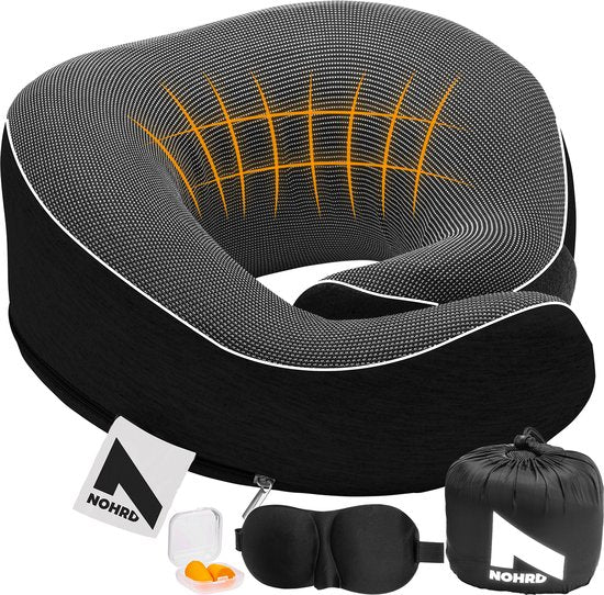 NOHRD Aircraft Neck Pillow - Reisekissen - Schwarz - Memory Foam - Inkl. Ohrstöpsel, Schlafmaske & Tragetasche - Memory Foam - Nackenstütze