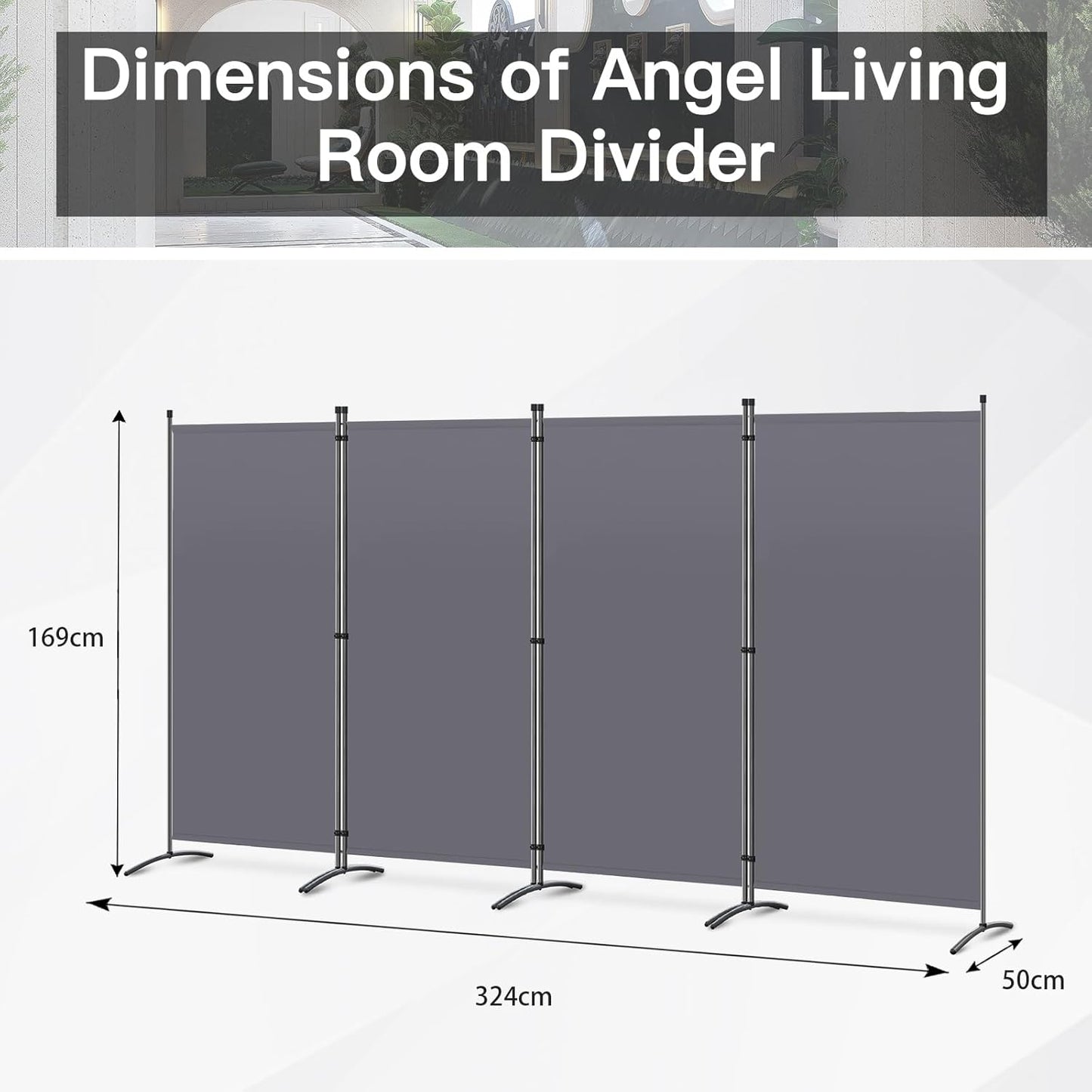 Angel Living Paravent 4-teilig - Faltwand 324 x 170 cm - Unsichtbarkeitsschutz für drinnen & draußen (Garten, Wohnzimmer, Schlafzimmer, Büro) - Grau