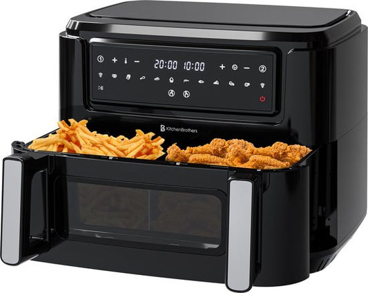 KitchenBrothers Airfryer XXL Dual Zone - 9L - 2400W - Heißluftfritteuse - Snack-Teiler - 50ºC bis 200ºC - 10 Kochprogramme - Schwarz