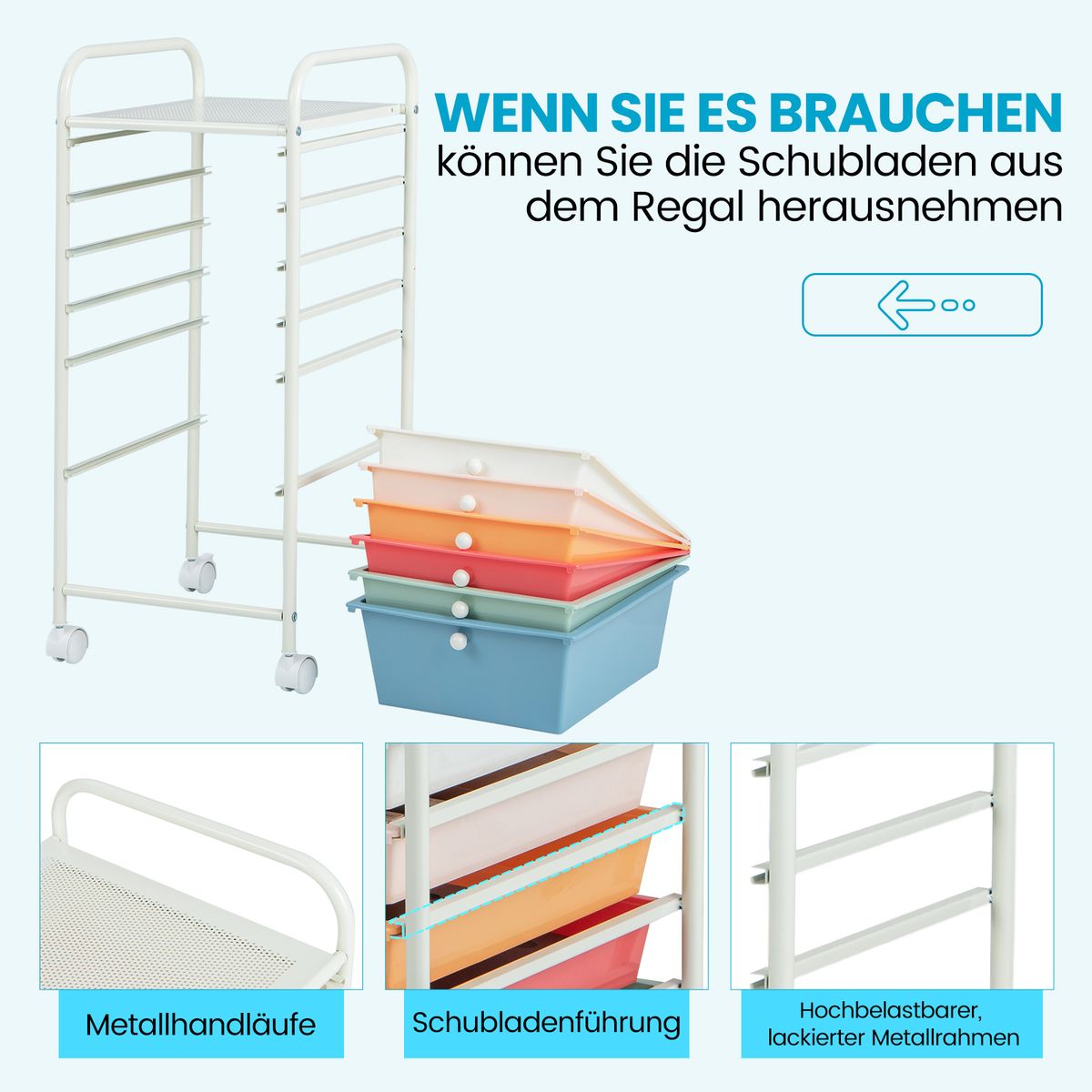 Coast Rollcontainer mit 6 stapelbaren Schubladen – Metallgestell – mit Aufbewahrungsbehälter – bunt
