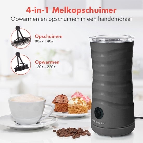 KitchenBrothers Elektrischer Milchaufschäumer - 4-in-1 - 240 ML - Praktischer Milchaufschäumer - Anthrazit