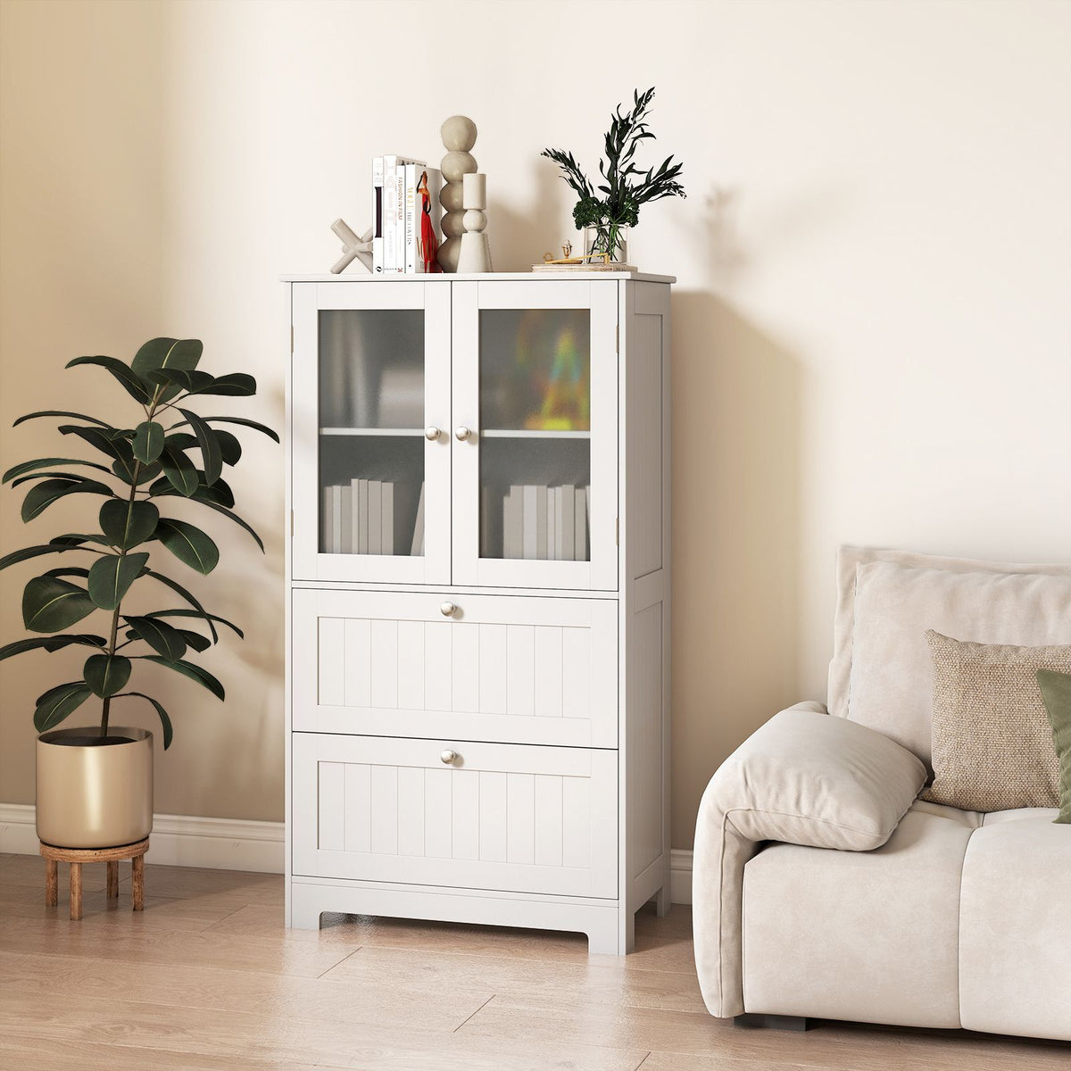 coast Freistehender Badezimmerschrank - 2 Schubladen & 2 Türen aus Milchglas - Verstellbarer Einlegeboden - 60 x 30 x 108 cm - Weiß