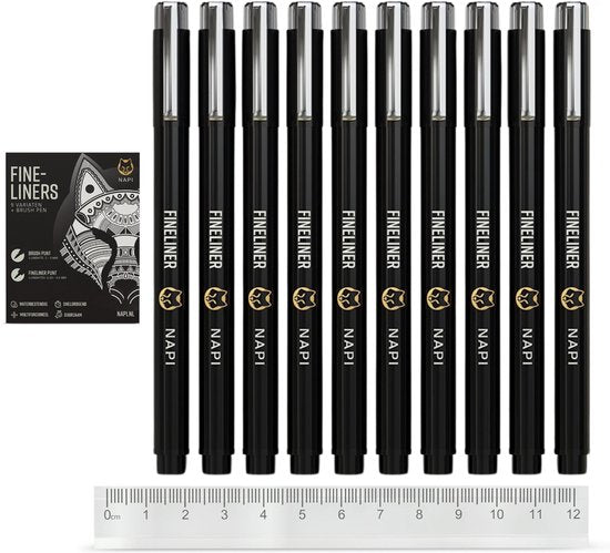 NAPI 10 Fineliner schwarz inkl. Pinselstift & Lineal - 0,2 bis 3mm - Stifte schwarz - Bullet Journal Zubehör - Zeichenstift-Set