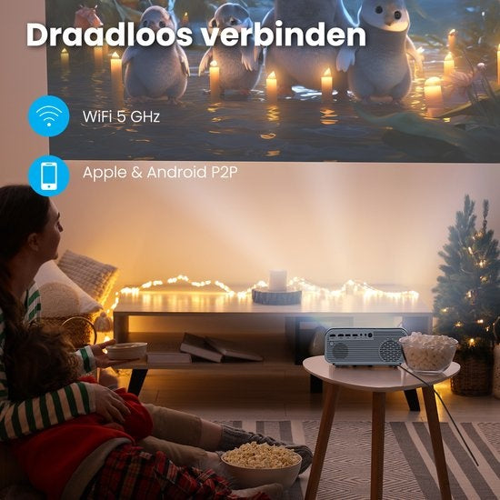 Auronic Beamer - 10.000 Lumen - WiFi - 170-Zoll - Full HD - Fernbedienung & Tragetasche - Weiß