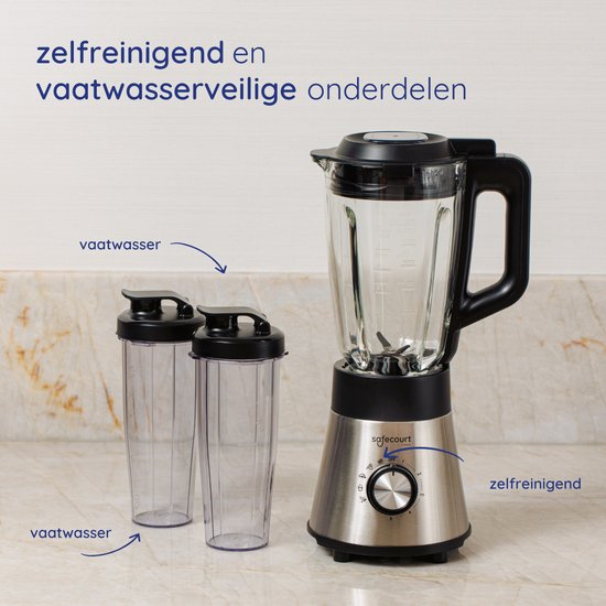 Safecourt Kitchen Power Mixer - 5 automatische Programme - Smoothie Maker - +2 Becher zum Mitnehmen - Edelstahl
