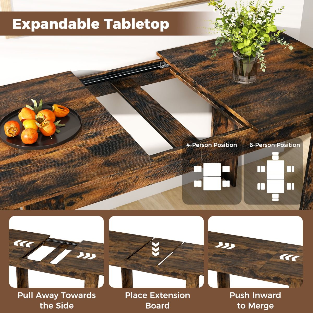 Coast Ausziehbarer Esstisch – Verstellbare Tischplatte – L-förmige Tischbeine – Kaffeebraun 158 x 70 x 76 cm