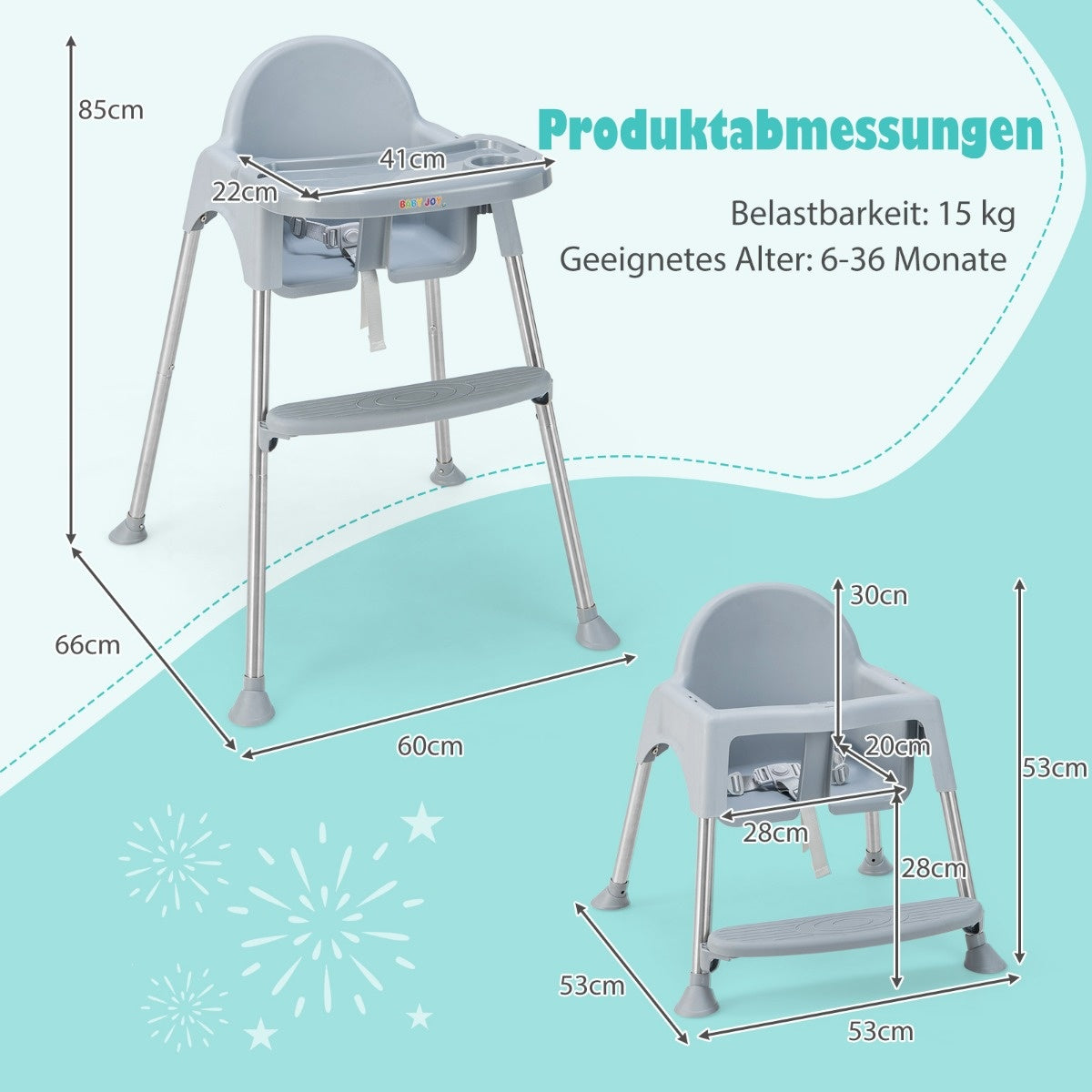 Coast 4 in 1 Babyhochstuhl aus PP & Edelstahl Hochstuhl umbaubar mit herausnehmbarer Doppelschublade grau