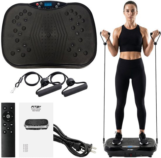 Fitby Vibrationsplatte – Fitness-Vibrationsplatte – Powerplate – inkl. Widerstandsbänder und Griffe – mit Fernbedienung – 3 Trainingsmodi – 120 Geschwindigkeitsstufen – Schwarz