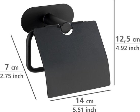 WENKO Turbo-Loc® Toilettenpapierhalter mit Klappe Orea Edelstahl schwarz matt – Toilettenpapierhalter – WC-Rollenhalter – Befestigung ohne Bohren – Selbstklebend – 10 Jahre Garantie