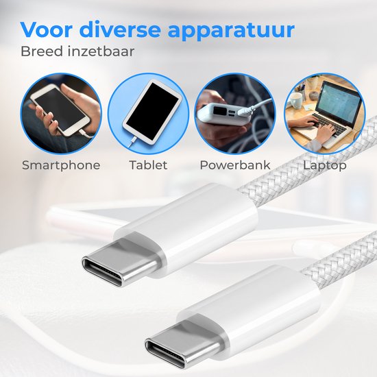 Nuvance USB-C-zu-USB-C-Kabel – USB-C-Ladegerät – 2 Meter – USB-C-Schnellladegerät – geflochtenes Nylon – 60 W – 480 Mbit/s – Weiß