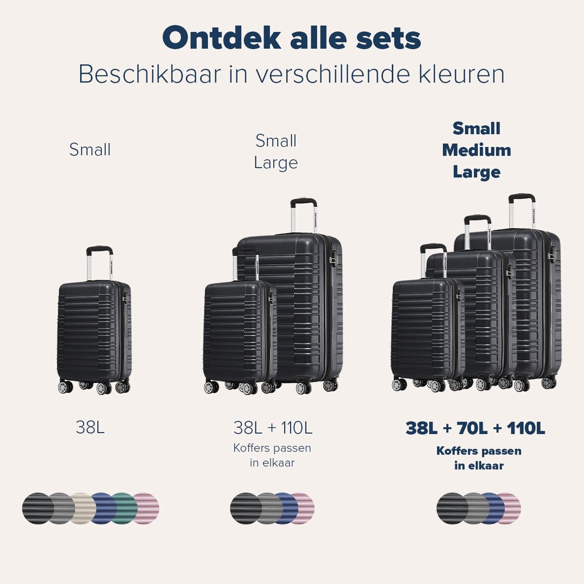 TRVLMORE - Kofferset - 3 Stück - 38L (Handgepäck) + 70L + 110L - Schwarz