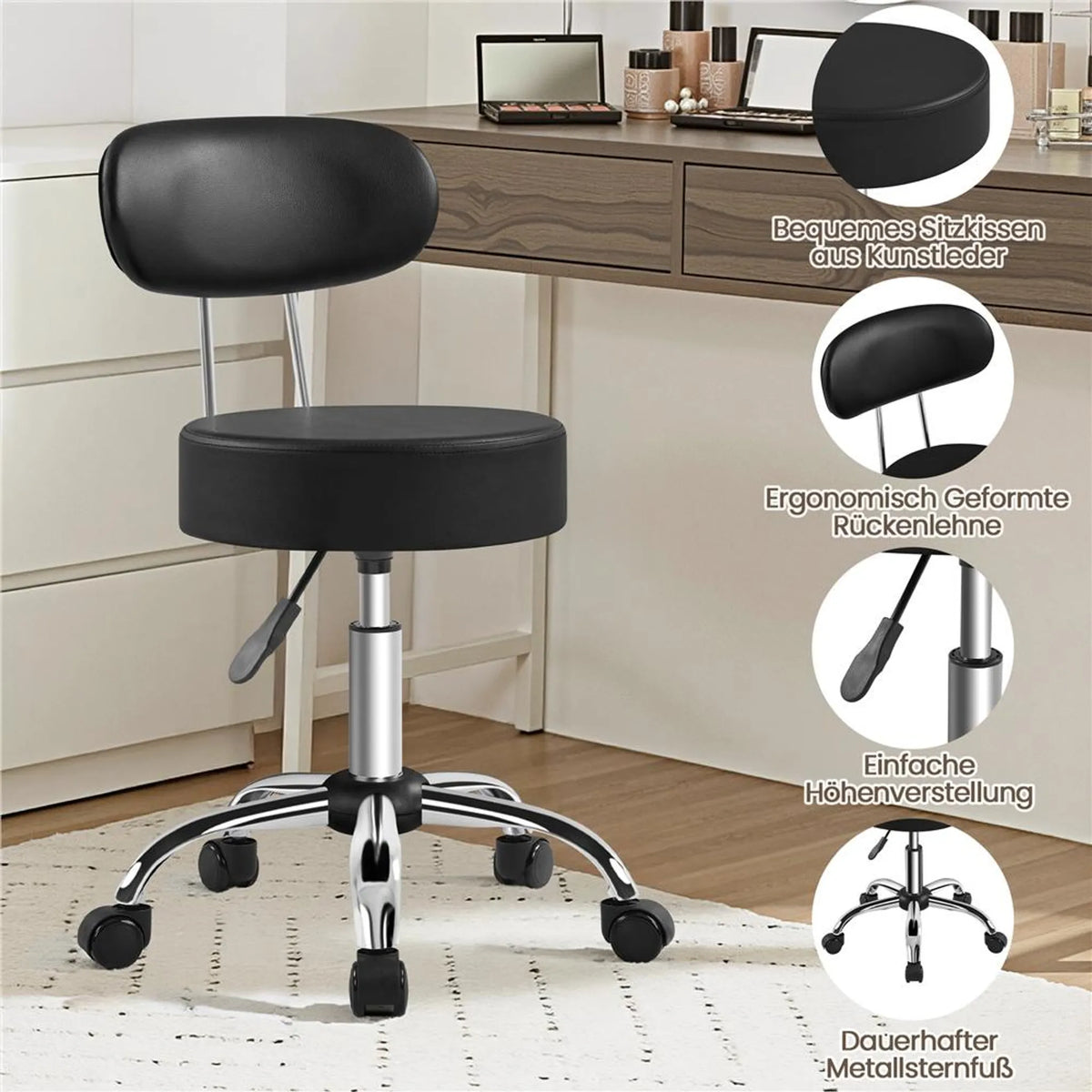 Yaheetech Barhocker Make-up Stuhl - 52 x 44,5 x 75,5-85 cm - Ausgestattet mit 10 cm dicken Sitzkissen und 360° Drehung und verchromtem Metallrahmen - Für Salon und Frisiertisch - Schwarzes Kunstleder und Metall