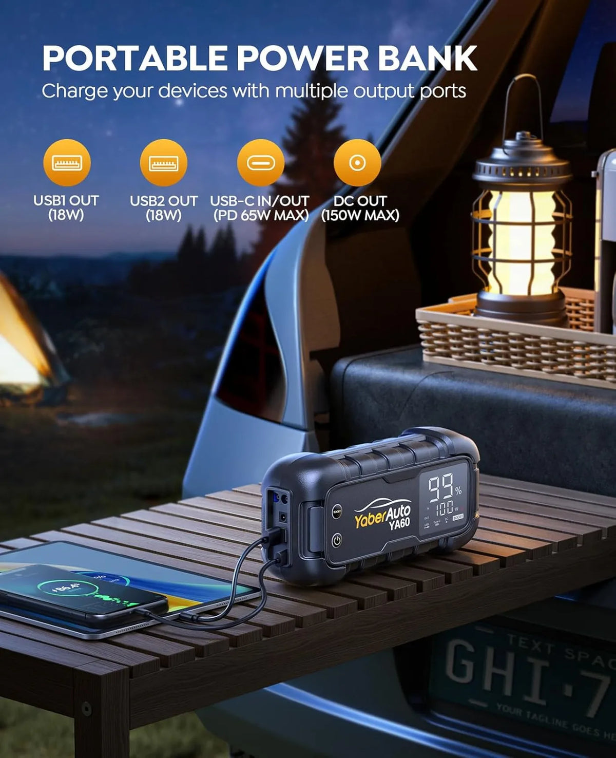 YaberAuto YA60 Starthilfe 8000 A – 26.800 mAh – 65 W Schnellladung, LED