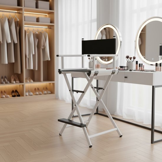VDD – Stuhl – Hocker – Klappstuhl – Make-up-Stuhl – Visagistenstuhl – Regiestuhl – Frisiertischstuhl – Make-up-Hocker – Frisiertischhocker – Make-up-Stuhl – Weiß – Zusammenklappbar – Mit Rückenlehne