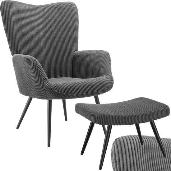 tectake® Ohrensessel mit Hocker - Skandinavischer Teddy Bouclé Sessel - Lounge und Wohnzimmersessel - Schwarze Metallbeine - Belastbarkeit 150kg - Cord - Grau