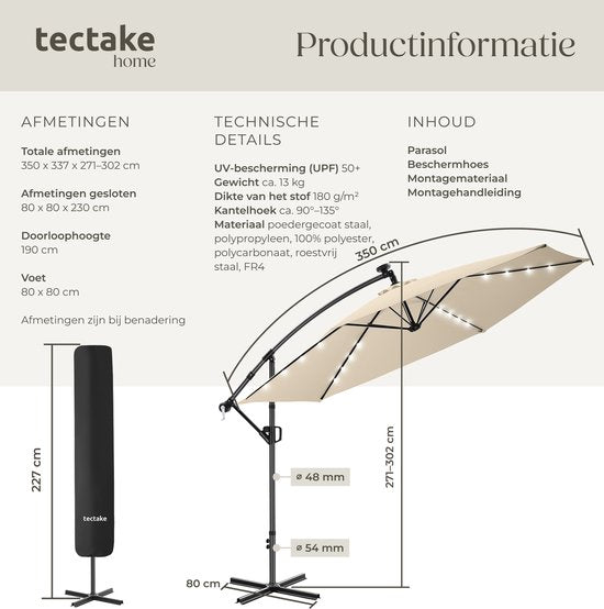 tectake® Schwebeschirm mit Sockel – 3,5 x 3,5 m – Gartenschirm mit solarbetriebener LED-Beleuchtung – schwenkbar – wasserabweisendes Polyester mit UV-Schutz – inklusive Schutzhülle – Beige