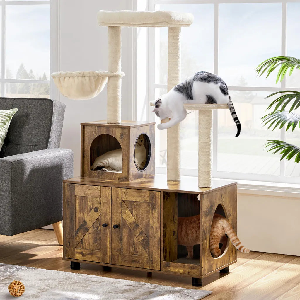 Yaheetech Kratzbaum mit Katzentoilettenmöbel 80 x 45 x 134,5 cm – Vintage-Braun/Beige – 2-in-1-Katzenmöbel mit Kratzbaum und Katzentoilettenschrank