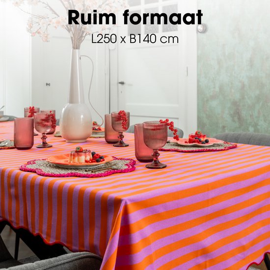 Mica Decorations Gestreifte Tischdecke für den Esstisch – Tischdecke für drinnen und draußen, 250 x 140 cm – Tischdecke aus 100 % Baumwolle – Orange, Rosa