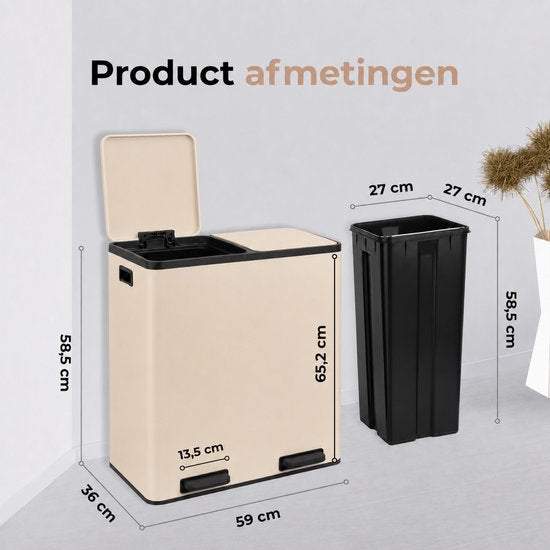 O'DADDY® Mülleimer – Abfallbehälter – Mülleimer 60 Liter – Tretmülleimer – Mülltonne – Mülleimer mit 2 Fächern - Mülleimer mit Mülltrennung – Abfallbehälter mit Mülltrennung – 2 Inneneimer – Soft-Close – Inklusive 15 Müllbeutel – Beige