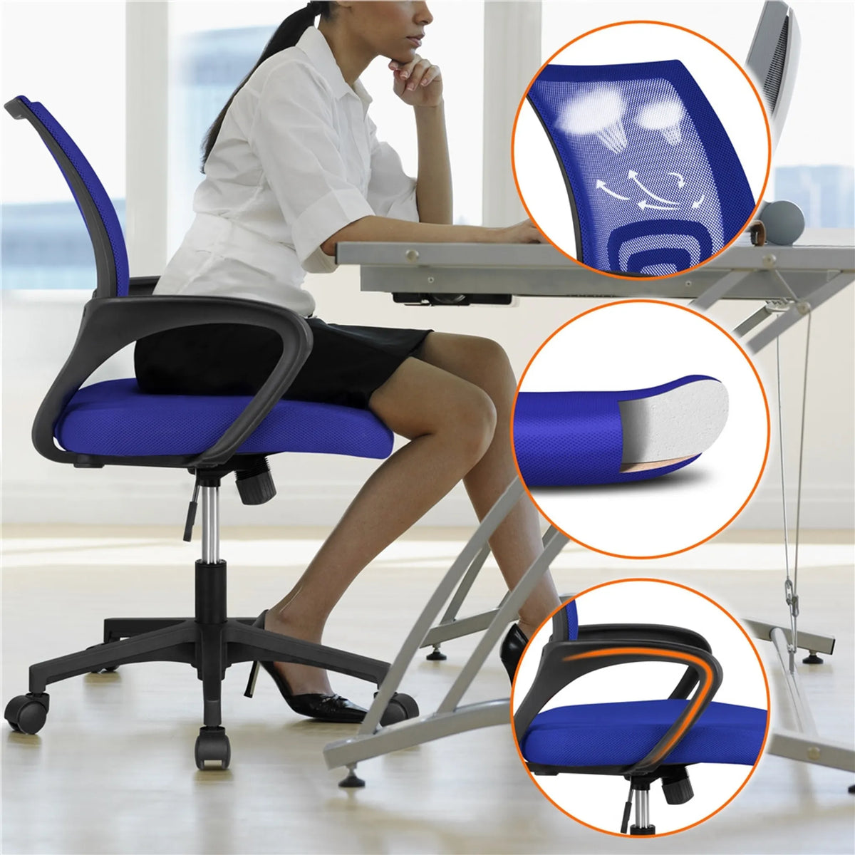 Yaheetech Bürostuhl Ergonomisch - Ausgestattet mit atmungsaktivem Mesh-Gewebe und Schaukelfunktion und breite Sitzfläche - Für Büro und Studie - Blau Nylon und Stahl - 60,5 x 60 x 87-97 cm